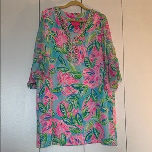 Lilly Pulitzer Pink & Aqua Floral Beaded V-Neck Tunic Dress